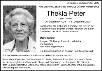 Traueranzeige von Thekla Peter