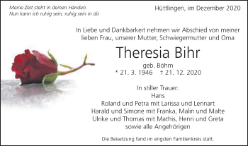 Traueranzeige von Theresia Bihr von Schwäbische Post