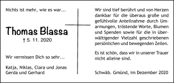 Traueranzeige von Thomas Blassa von Gmünder Tagespost
