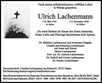 Traueranzeige von Ulrich Lachenmann von Schwäbische Post