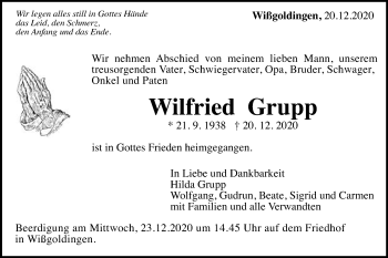 Traueranzeige von Wilfried Grupp von Gmünder Tagespost