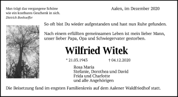 Traueranzeige von Wilfried Witek von Schwäbische Post
