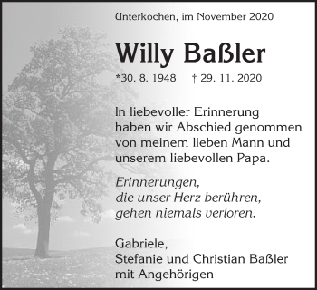 Traueranzeige von Willy Baßler von Schwäbische Post