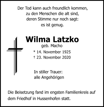 Traueranzeige von Wilma Latzko von Gmünder Tagespost