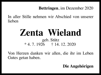 Traueranzeige von Zenta Wieland von Gmünder Tagespost
