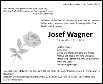 Traueranzeige von Josef Wagner von Schwäbische Post