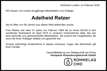 Traueranzeige von Adelheid Retzer von Schwäbische Post