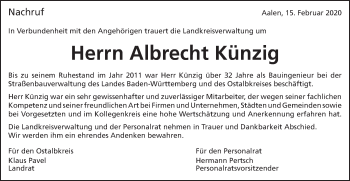 Traueranzeige von Albrecht Künzig von Schwäbische Post