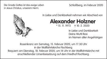 Traueranzeige von Alexander Holzner von Bopfinger Stadtanzeiger