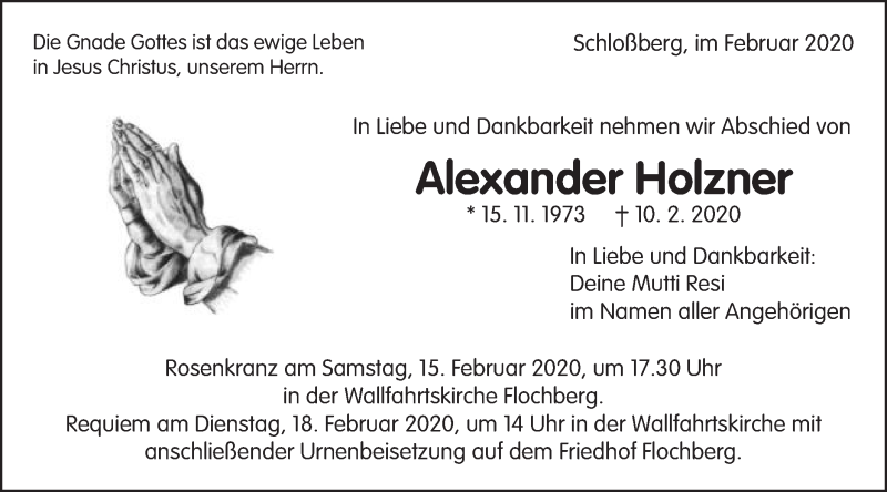  Traueranzeige für Alexander Holzner vom 14.02.2020 aus Bopfinger Stadtanzeiger