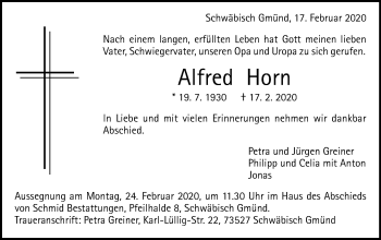 Traueranzeige von Alfred Horn von Gmünder Tagespost