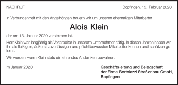 Traueranzeige von Alois Klein von Schwäbische Post