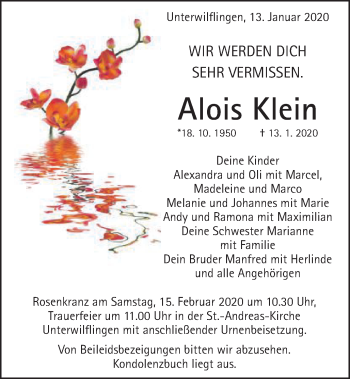 Traueranzeige von Alois Klein von Schwäbische Post
