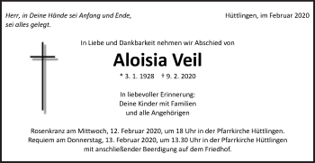 Traueranzeige von Aloisia Veil von Schwäbische Post