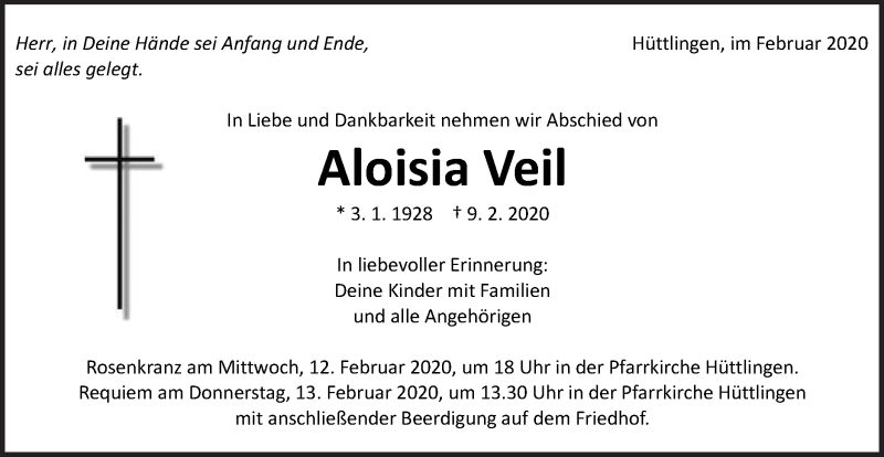  Traueranzeige für Aloisia Veil vom 11.02.2020 aus Schwäbische Post