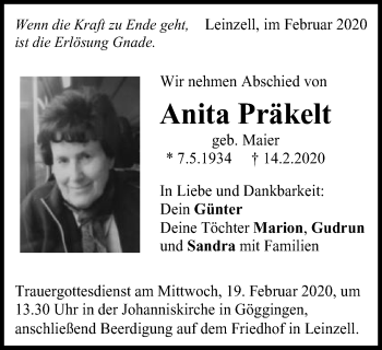Traueranzeige von Anita Präkelt von Gmünder Tagespost