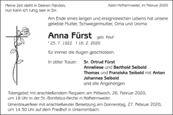 Traueranzeige von Anna Fürst von Schwäbische Post