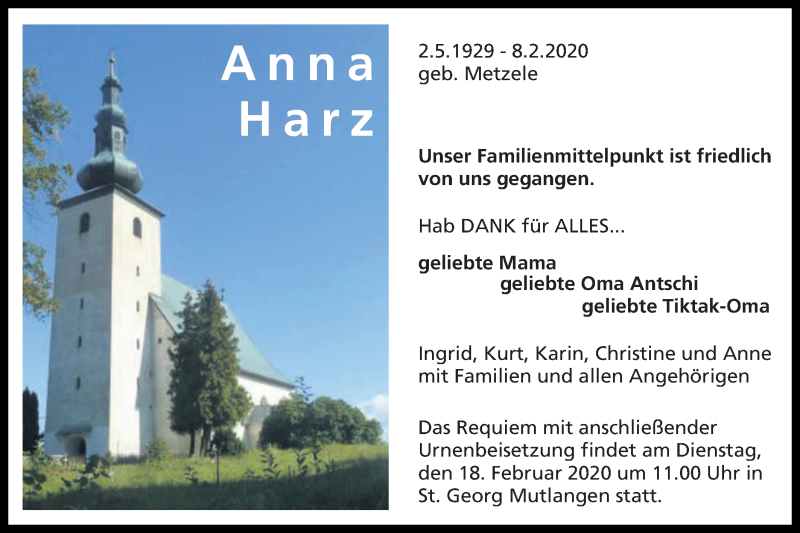  Traueranzeige für Anna Harz vom 14.02.2020 aus Gmünder Tagespost