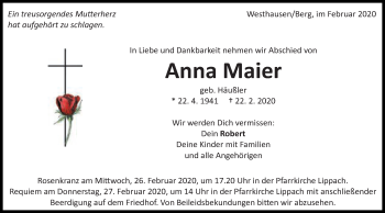 Traueranzeige von Anna Maier von Schwäbische Post