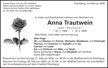 Traueranzeige von Anna Trautwein von Schwäbische Post