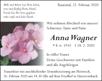 Traueranzeige von Anna Wagner von Schwäbische Post