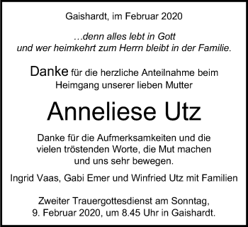 Traueranzeige von Anneliese Utz von Schwäbische Post