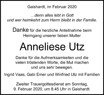 Traueranzeige von Anneliese Utz