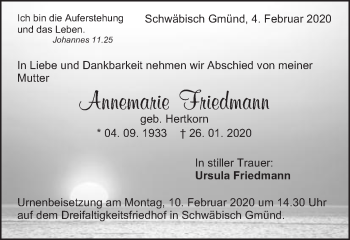 Traueranzeige von Annemarie Friedmann von Gmünder Tagespost