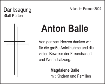 Traueranzeige von Anton Balle von Schwäbische Post