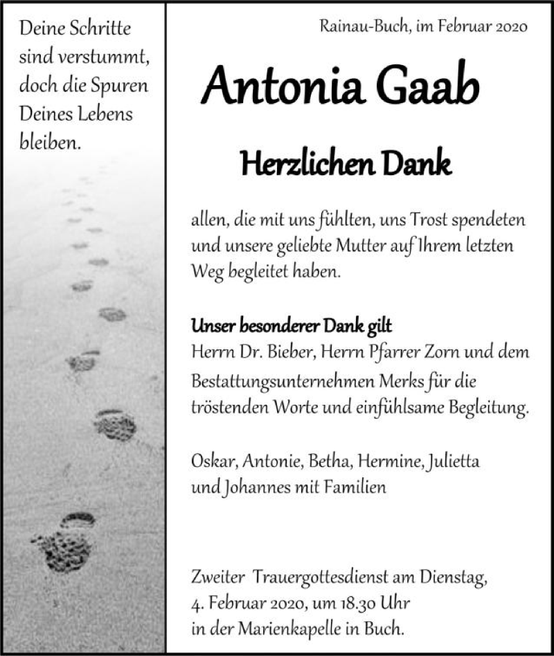  Traueranzeige für Antonia Gaab vom 01.02.2020 aus Schwäbische Post