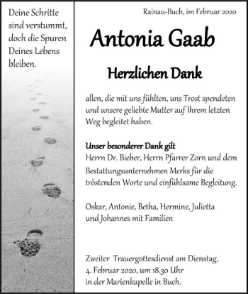 Traueranzeige von Antonia Gaab von Schwäbische Post