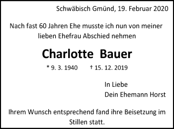 Traueranzeige von Charlotte Bauer von Gmünder Tagespost