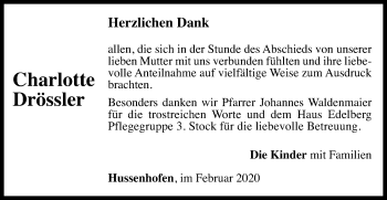 Traueranzeige von Charlotte Drössler von Gmünder Tagespost