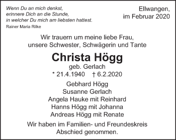 Traueranzeige von Christa Högg von Schwäbische Post