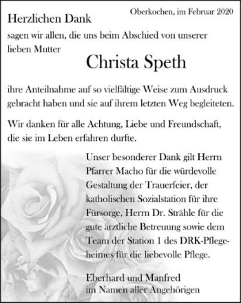 Traueranzeige von Christa Speth von Amtsblatt_Oko
