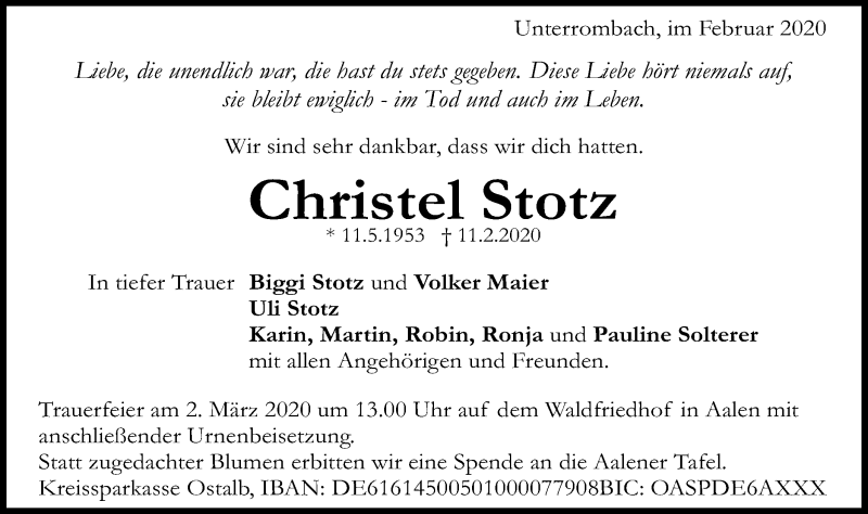  Traueranzeige für Christel Stotz vom 25.02.2020 aus Schwäbische Post