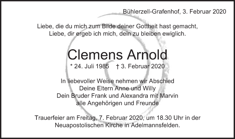  Traueranzeige für Clemens Arnold vom 05.02.2020 aus Schwäbische Post