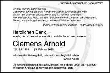 Traueranzeige von Clemens Arnold von Schwäbische Post