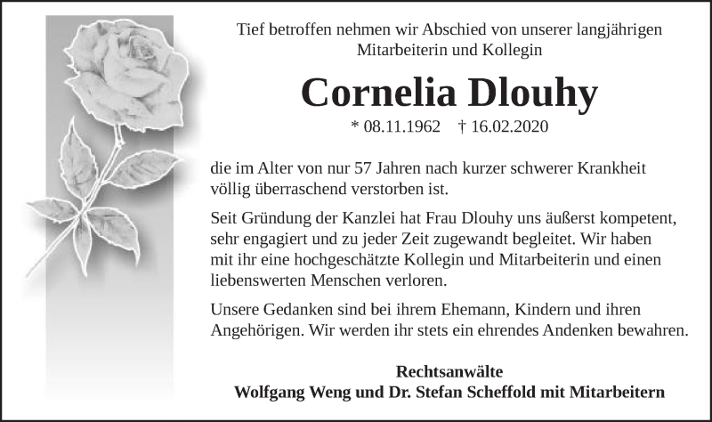  Traueranzeige für Cornelia Dlouhy vom 20.02.2020 aus Gmünder Tagespost