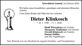 Traueranzeige von Dieter Klinkosch von Gmünder Tagespost