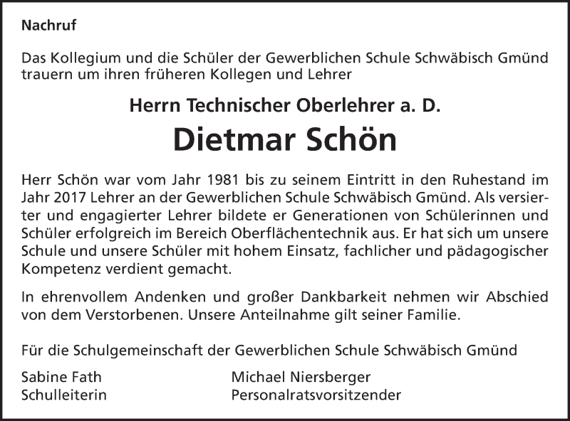  Traueranzeige für Dietmar Schön vom 27.02.2020 aus Gmünder Tagespost