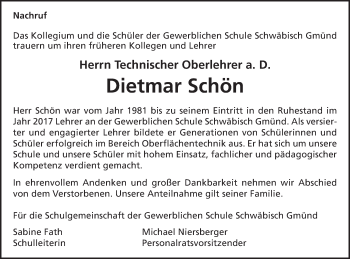 Traueranzeige von Dietmar Schön von Gmünder Tagespost