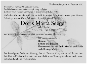Traueranzeige von Doris Marta Seeger von Gmünder Tagespost