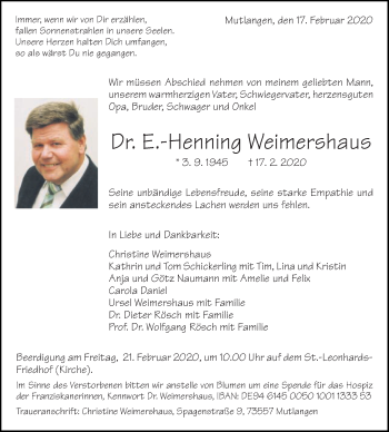Traueranzeige von E.- Henning Weimershaus