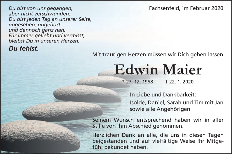  Traueranzeige für Edwin Maier vom 07.02.2020 aus Schwäbische Post