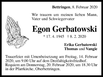 Traueranzeige von Egon Gerbatowski von Gmünder Tagespost