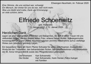 Traueranzeige von Elfriede Schoenwitz von Schwäbische Post