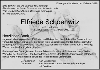 Traueranzeige von Elfriede Schoenwitz