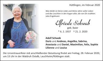 Traueranzeige von Elfriede Schwab von Schwäbische Post