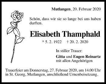 Traueranzeige von Elisabeth Thamphald